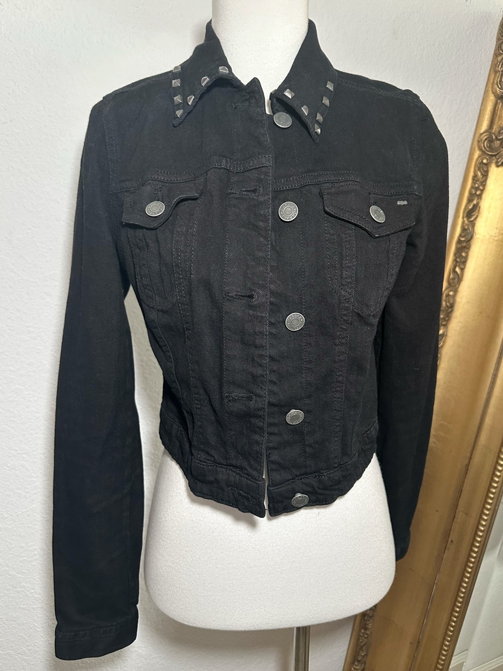 Garage Denim Black Cropped Button Front Jean Jacket Silver Studs Cotton Blend